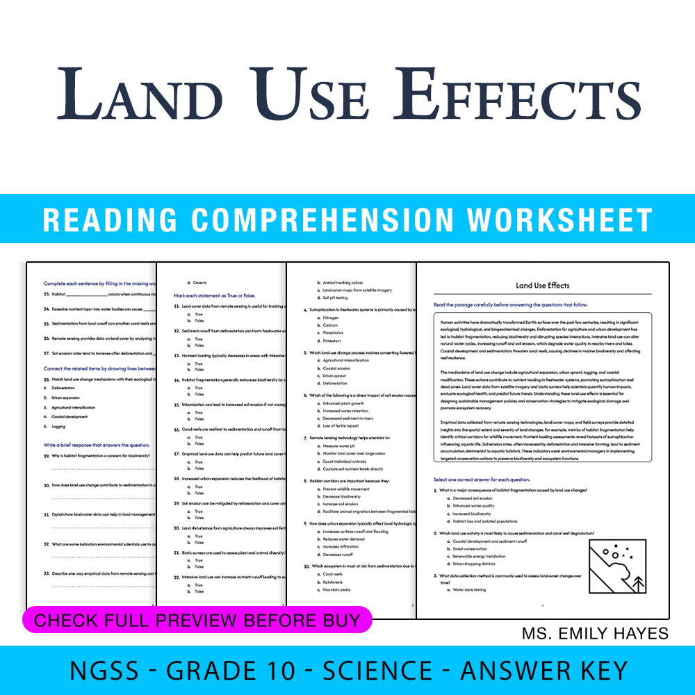 Grade 10 Science worksheet — 10th Grade Science | Land Use Effects Worksheet (PDF+ Answer Key) — page 1