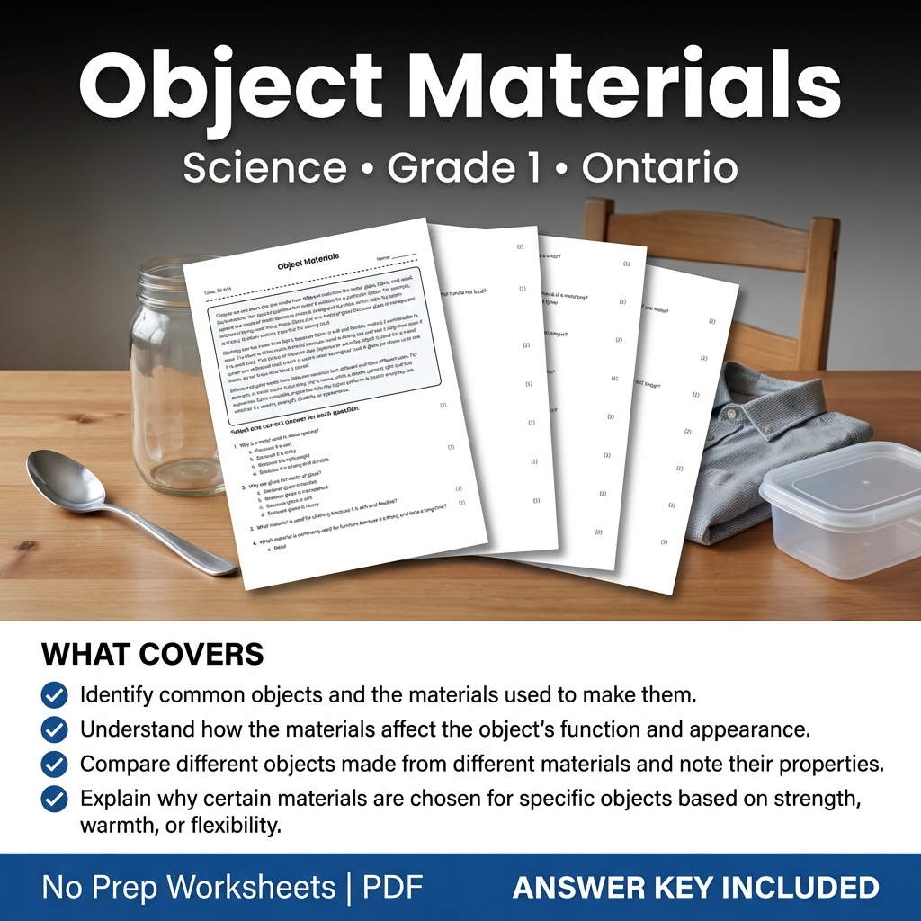 Object Materials Grade 1 Science Worksheet | Ontario Standards