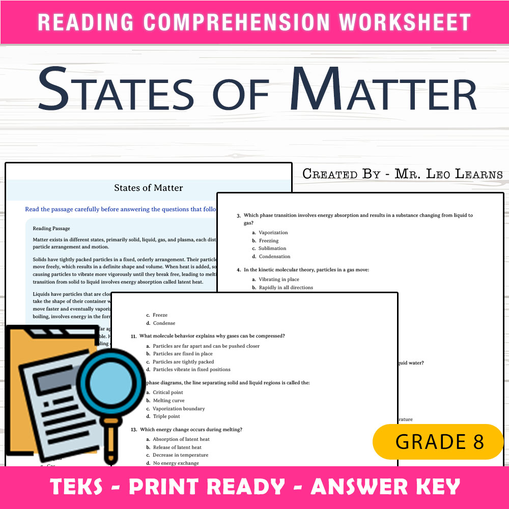 Grade 8 Science worksheet worksheet — Grade 8 Science – States of Matter Worksheet for Mastering Particle Behavior — page 1