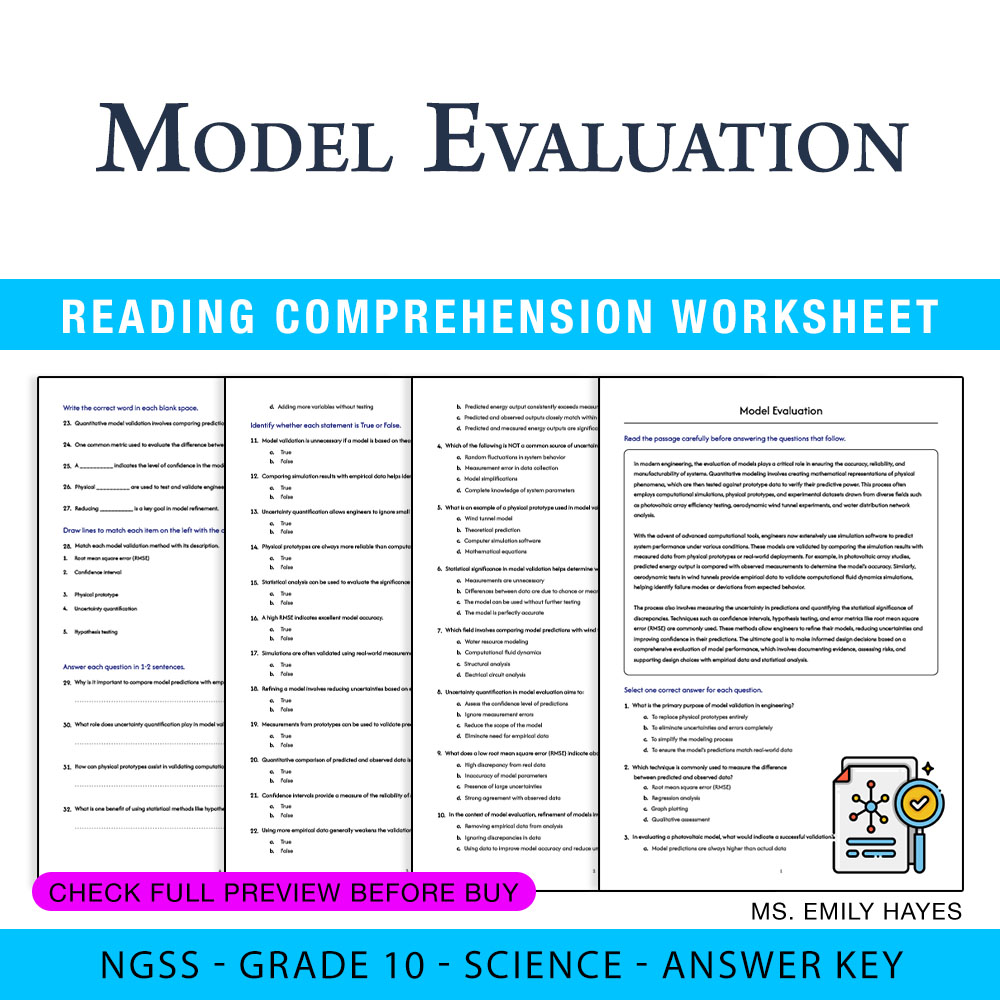 Grade 10 Science — worksheet — 10th Grade Science | Model Evaluation Worksheet (PDF+ Answer Key) — page 1