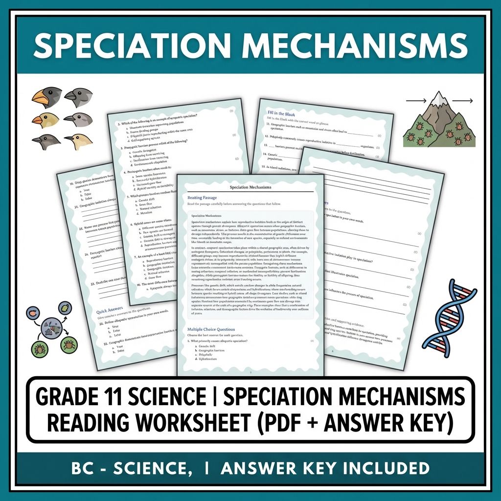 Grade 11 Science | Speciation Mechanisms Reading Worksheet (PDF + Answer Key)