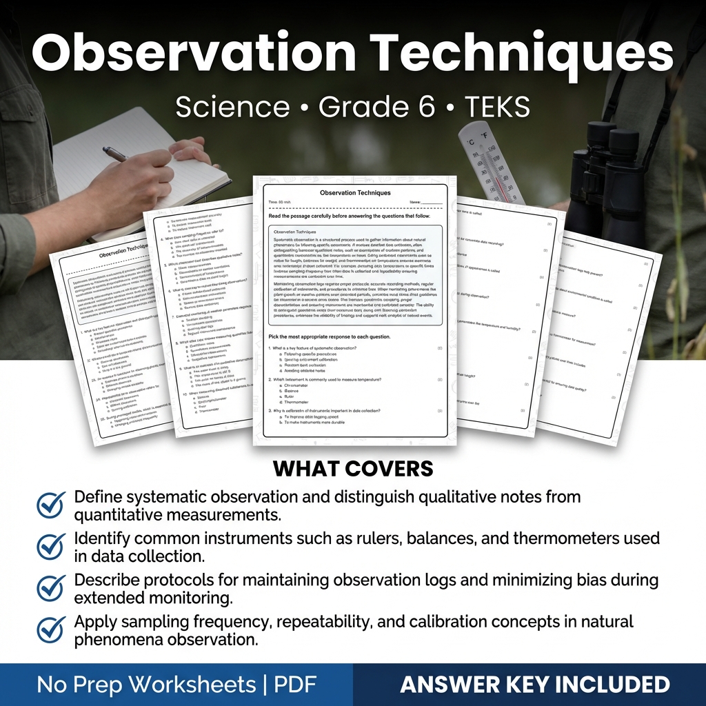 Observation Techniques Science Worksheet | TEKS Grade 6 Assessment