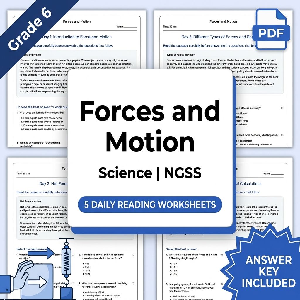 Grade 6 Science daily reading worksheet — 6th Grade Science | Forces and Motion Daily Reading Worksheet (PDF + Answer Key)
