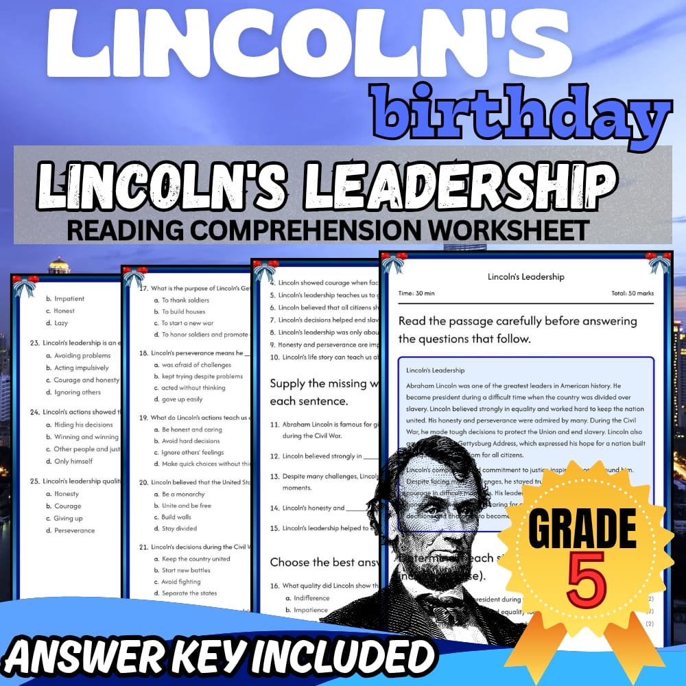 Grade 5 Lincoln's birthday worksheet for mastering leadership | PDF + Answer Key