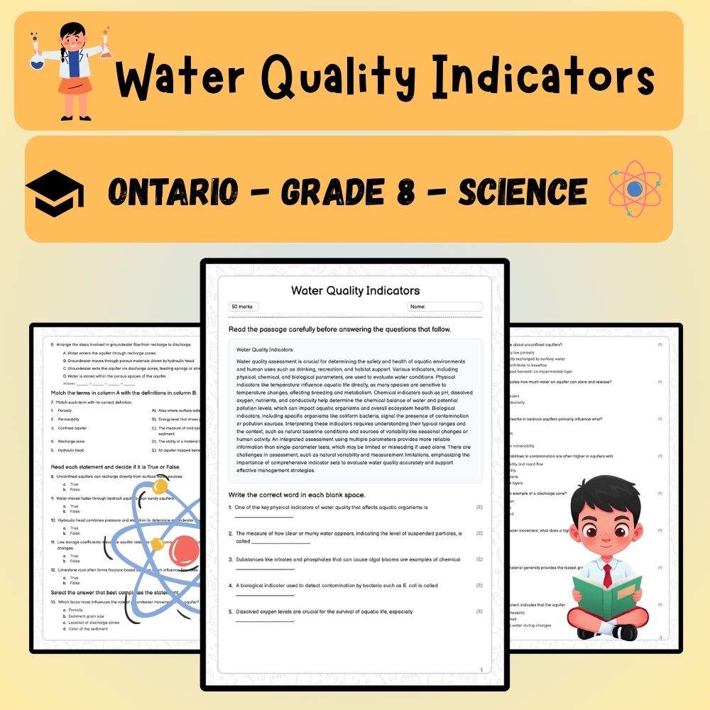 Grade 8 Science worksheet worksheet — Grade 8 Science Water Quality Indicators Worksheet – Ontario Standards (PDF ) — page 1