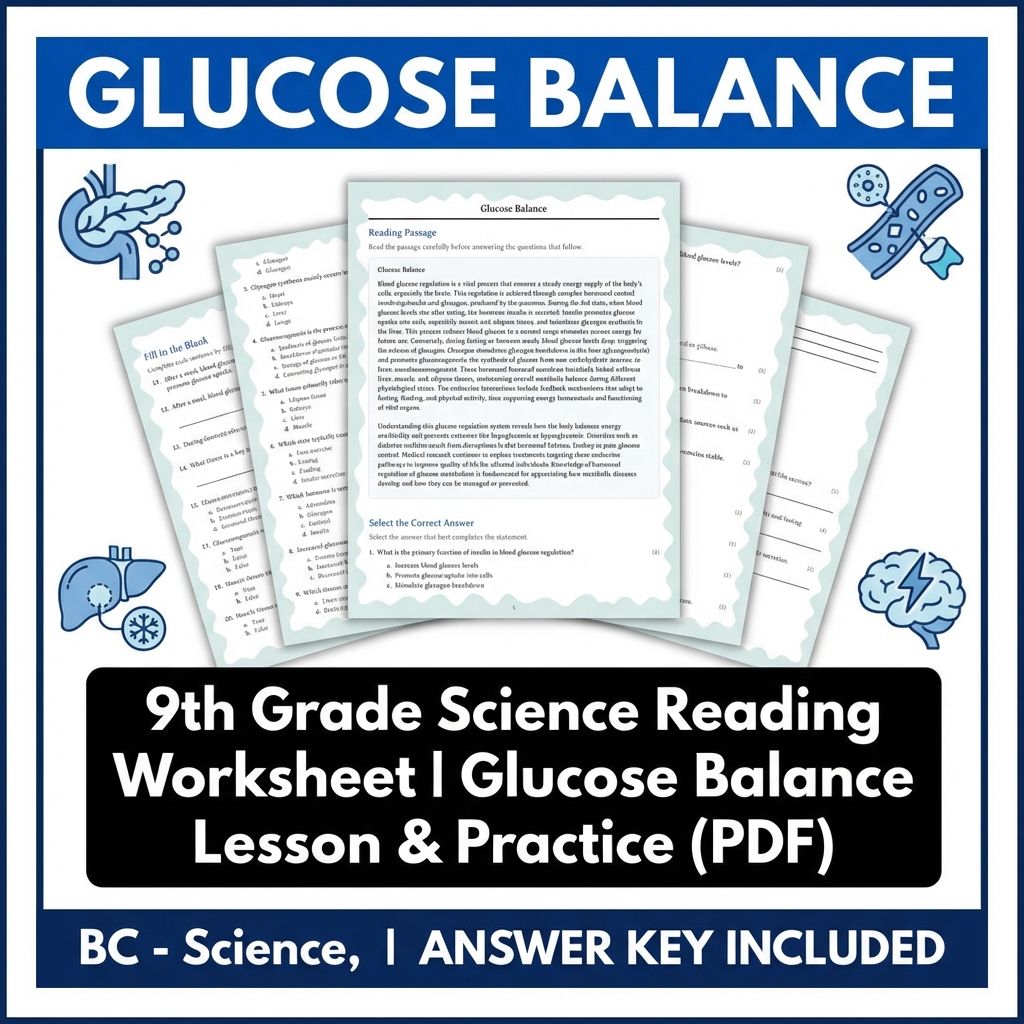 9th Grade Science Reading Worksheet | Glucose Balance Lesson & Practice (PDF)