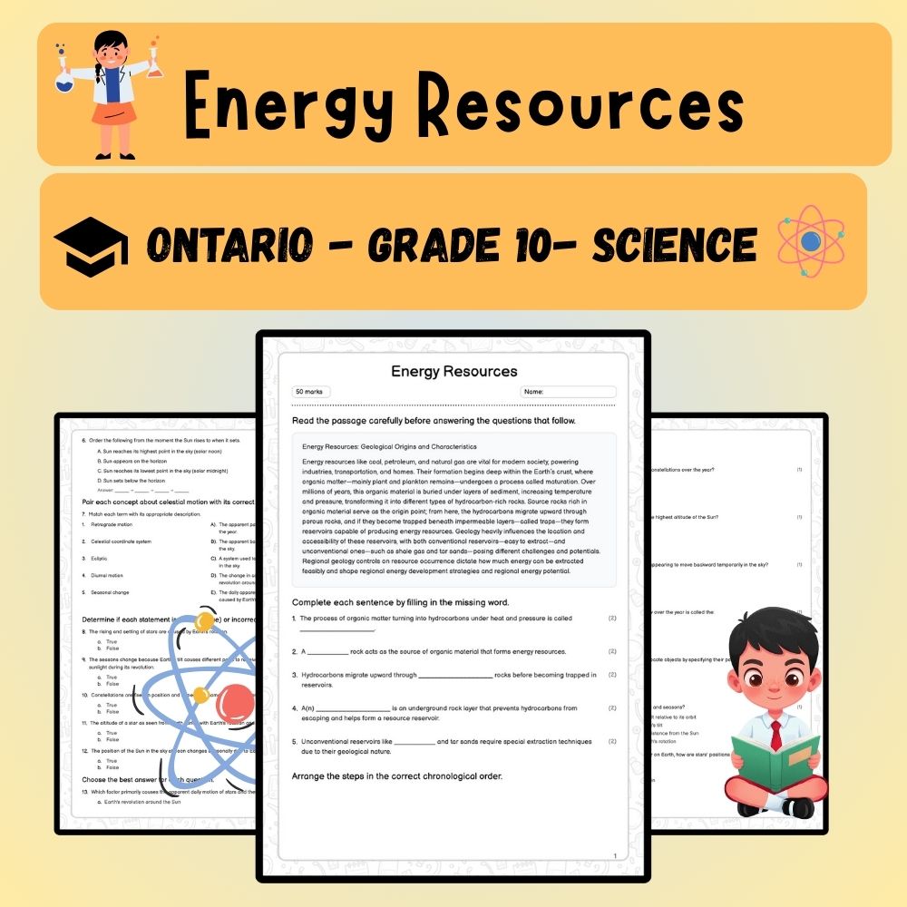 Grade 10 Science worksheet worksheet — Grade 10 Science | Energy Resources Worksheet (PDF) - Ontario Standards — page 1