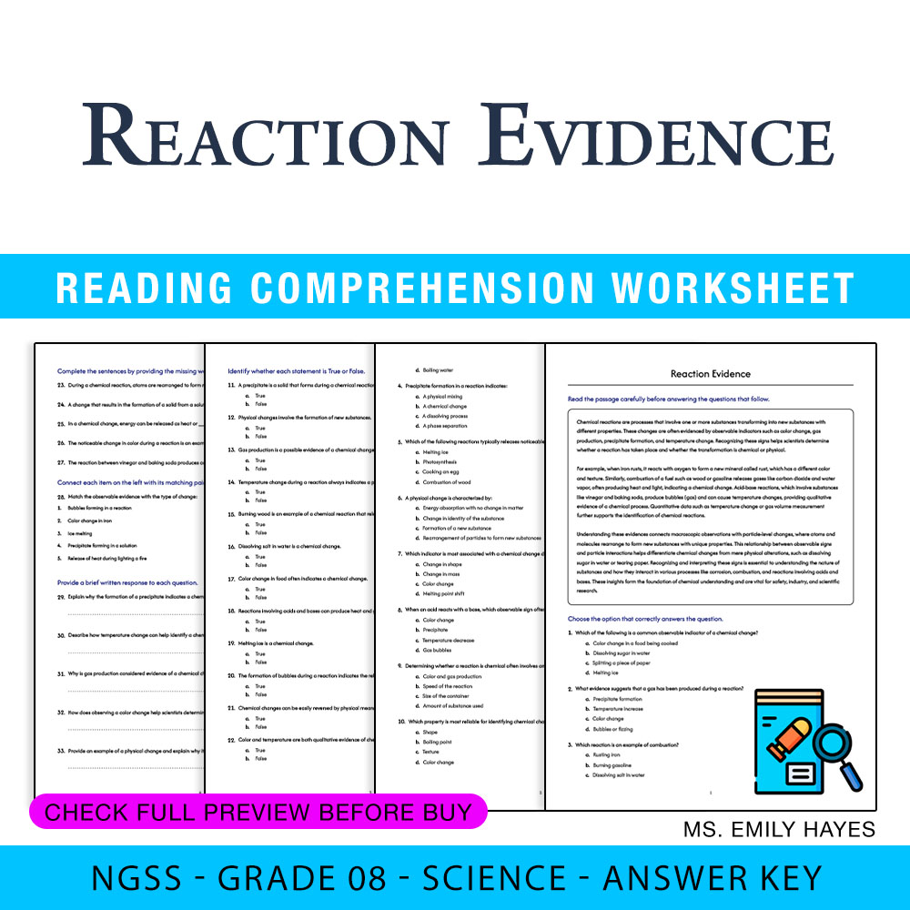 Grade 8 Science worksheet worksheet — Grade 8 Science | Reaction Evidence Worksheet (PDF+ Answer Key) — page 1