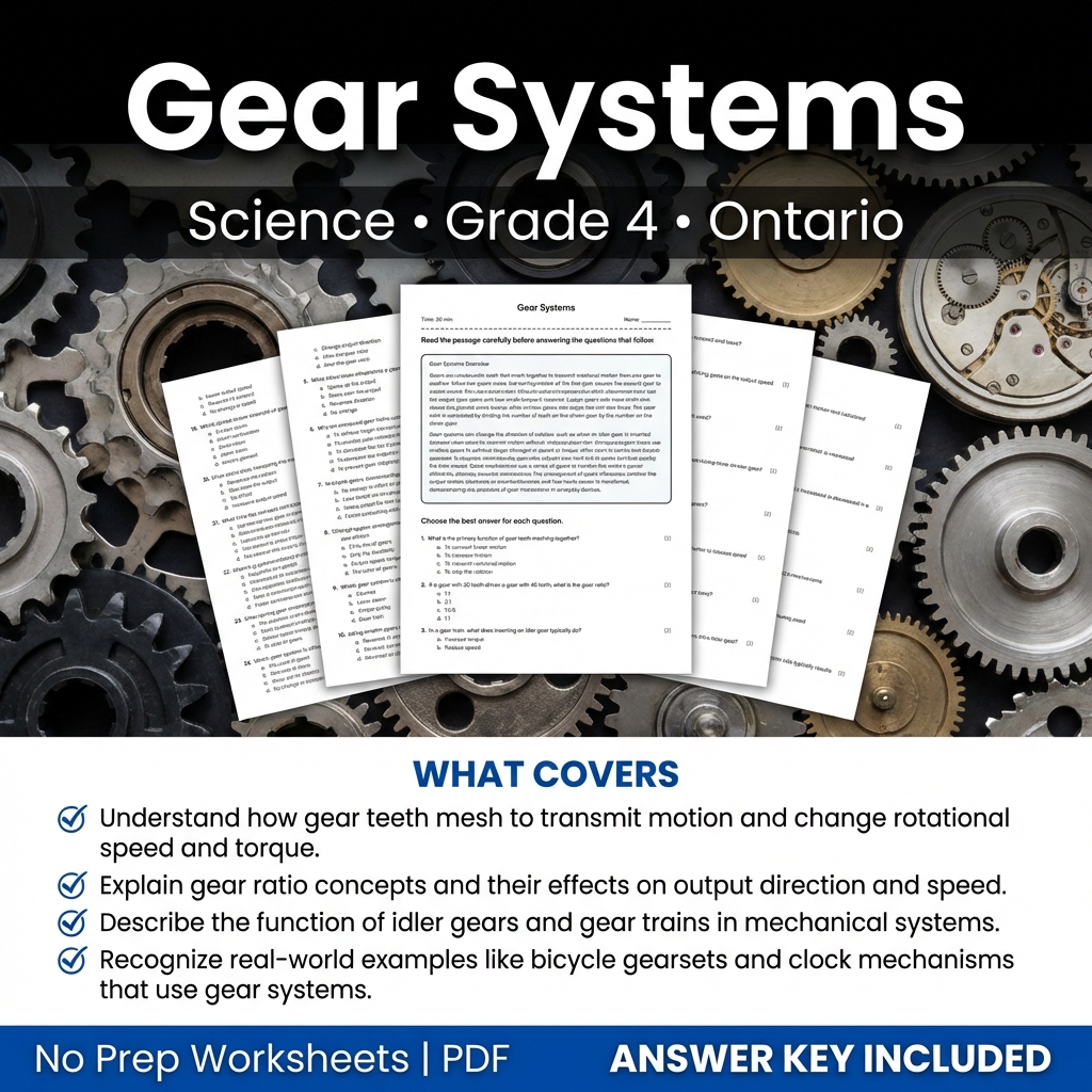 Grade 4 Science Worksheet on Gear Systems | Ontario Standards