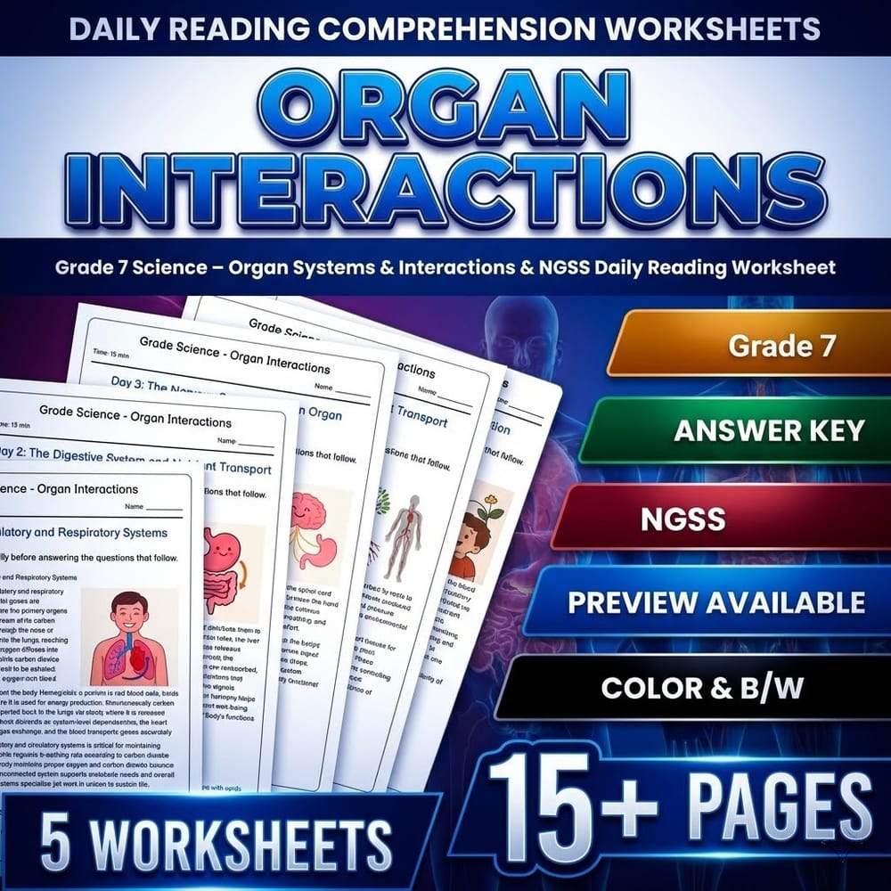 Grade 7 Science daily reading worksheet — Grade 7 Science – Organ Systems & Interactions | Daily Reading Worksheet