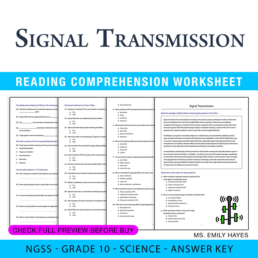 Grade 10 Science — worksheet — Grade 10 Science | Signal Transmission Worksheet (PDF+ Answer Key) — page 1