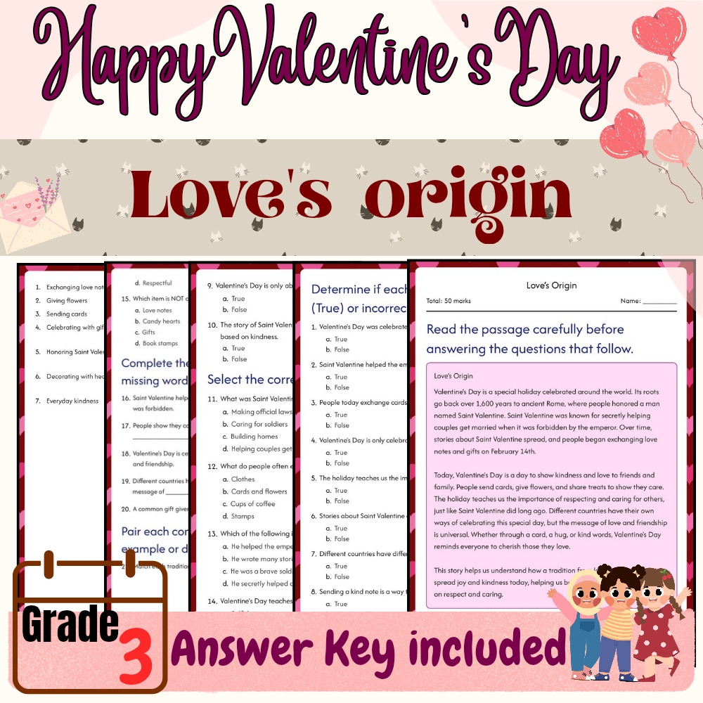 Grade 3 Seasonal Valentine’s Day Worksheets Bundle (PDF + Answer Key) — included worksheet 4