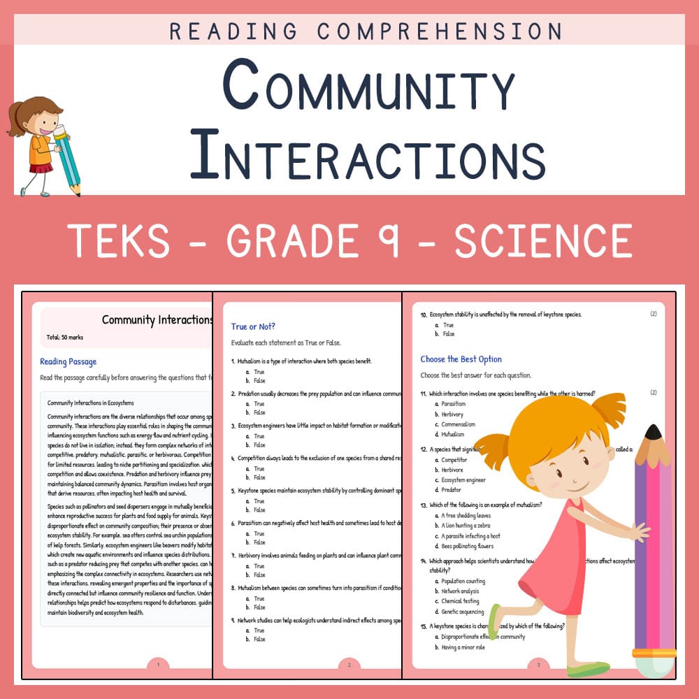 Grade 9 Science worksheet elena worksheet — Grade 9 Science | Community Interactions Worksheet | TEKS-Aligned — page 1
