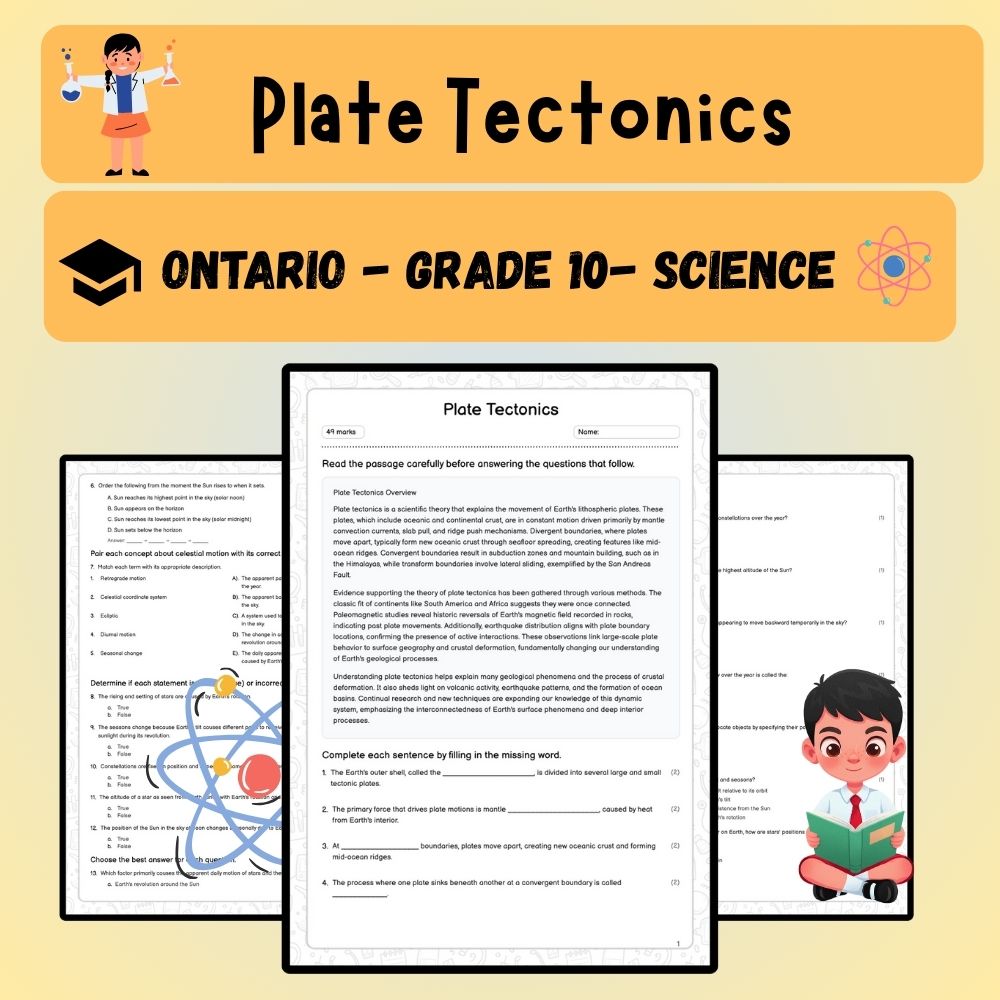 Grade 10 Science worksheet worksheet — Grade 10 Science | Plate Tectonics Worksheet (Answer Key) – Ontario Standard — page 1