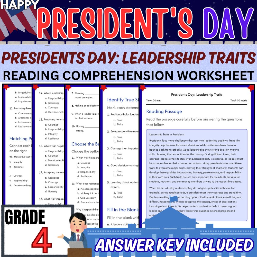 Grade 4 Seasonal | Presidents Day Leadership Traits Worksheet | PDF + Answer Key