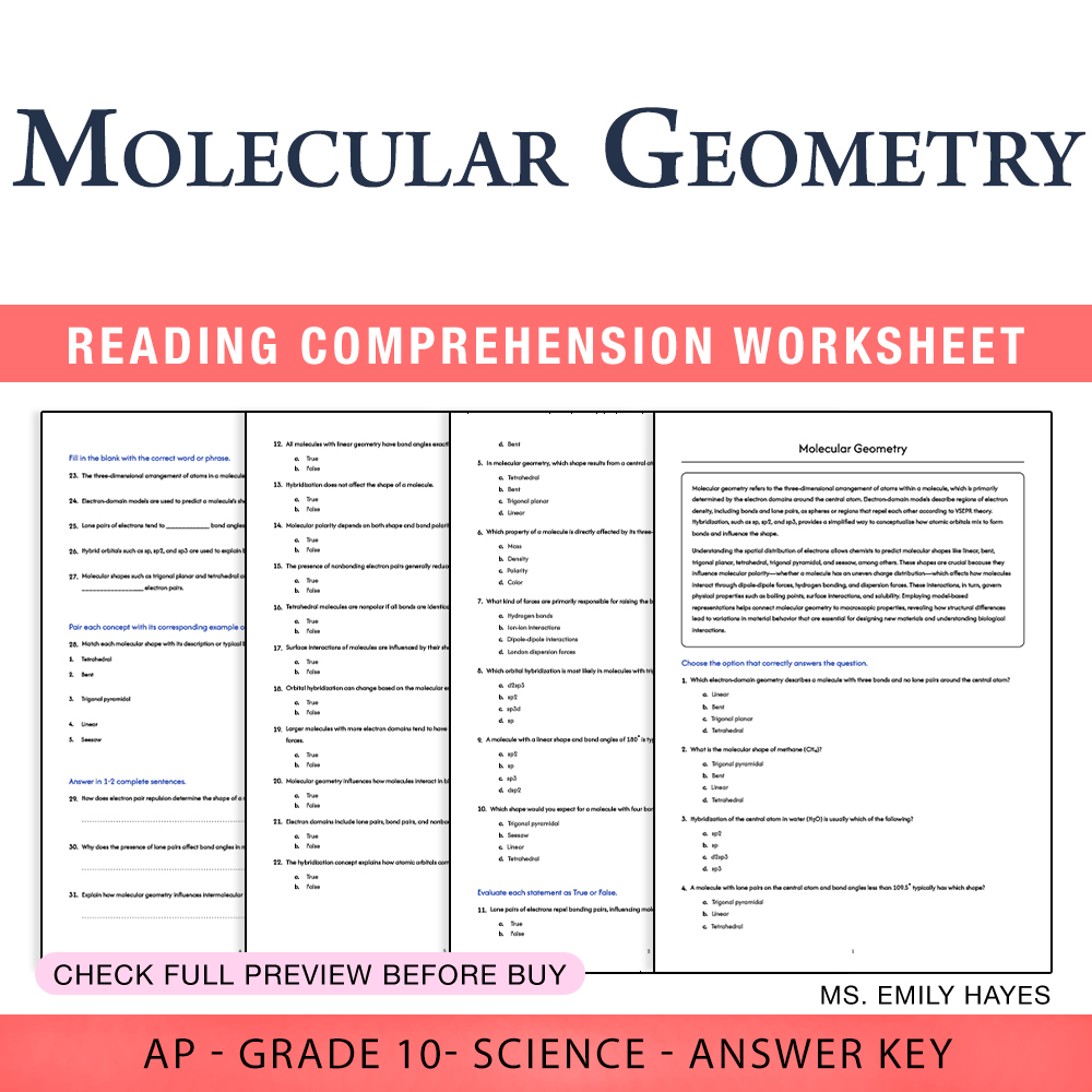 Grade 10 Science worksheet worksheet — Grade 10 Science | Molecular Geometry Worksheet (PDF+ Answer Key) — page 1