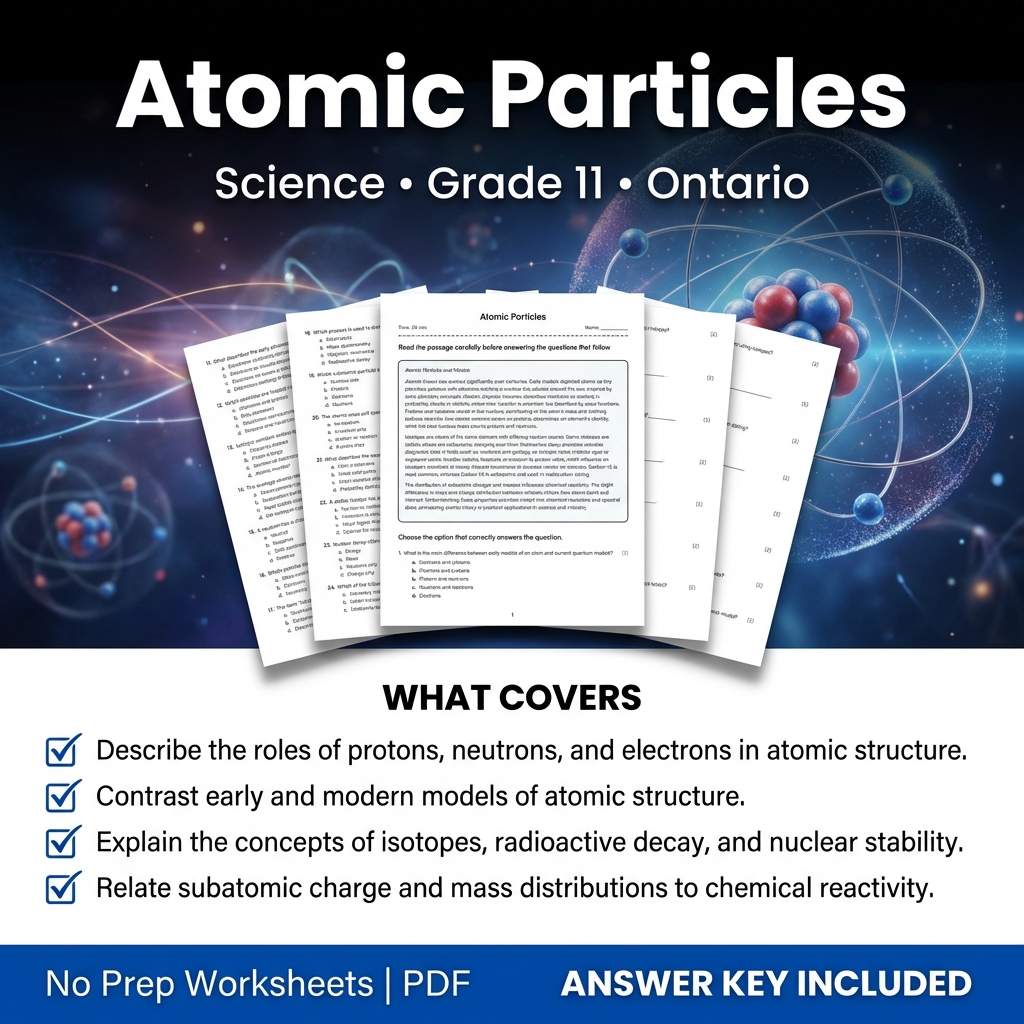 Atomic Particles Worksheet for Grade 11 Science – Ontario Standards