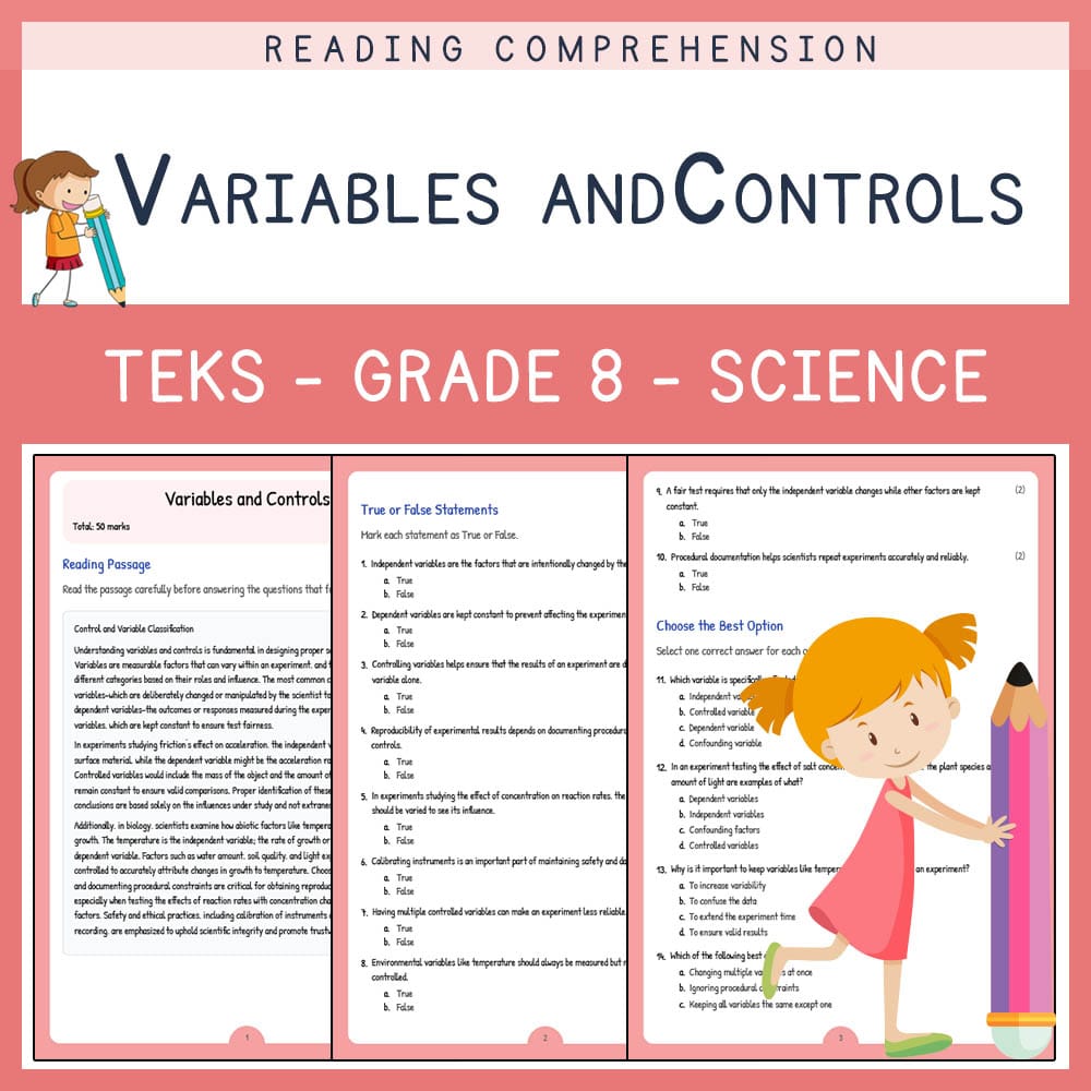 Grade 8 Science worksheet elena worksheet — Grade 8 Science | Variables and Controls Worksheet | TEKS Aligned — page 1