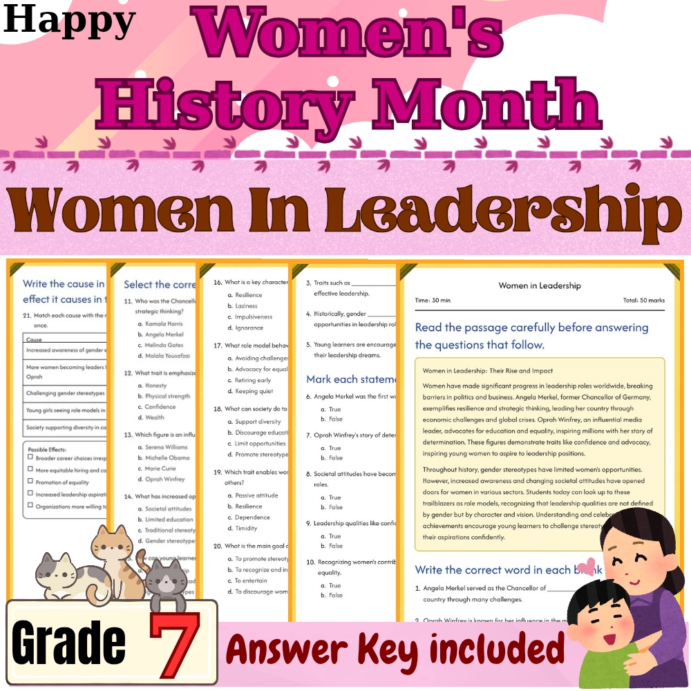 Grade 7 Seasonal Women in Leadership Worksheet for Mastery | PDF + Answer Key