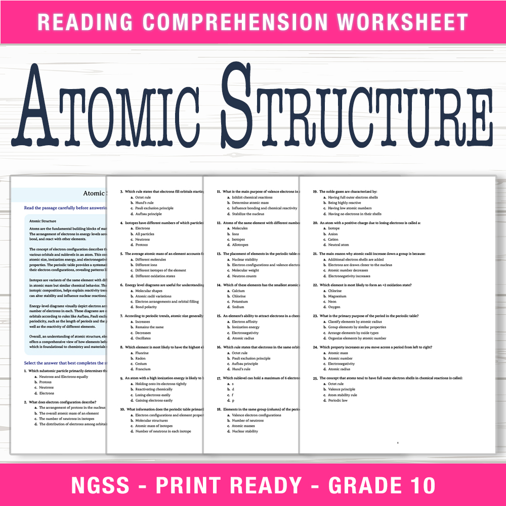 Grade 10 Science worksheet worksheet — Grade 10 Science | Atomic Structure Worksheet (PDF + Answer Key) — page 1