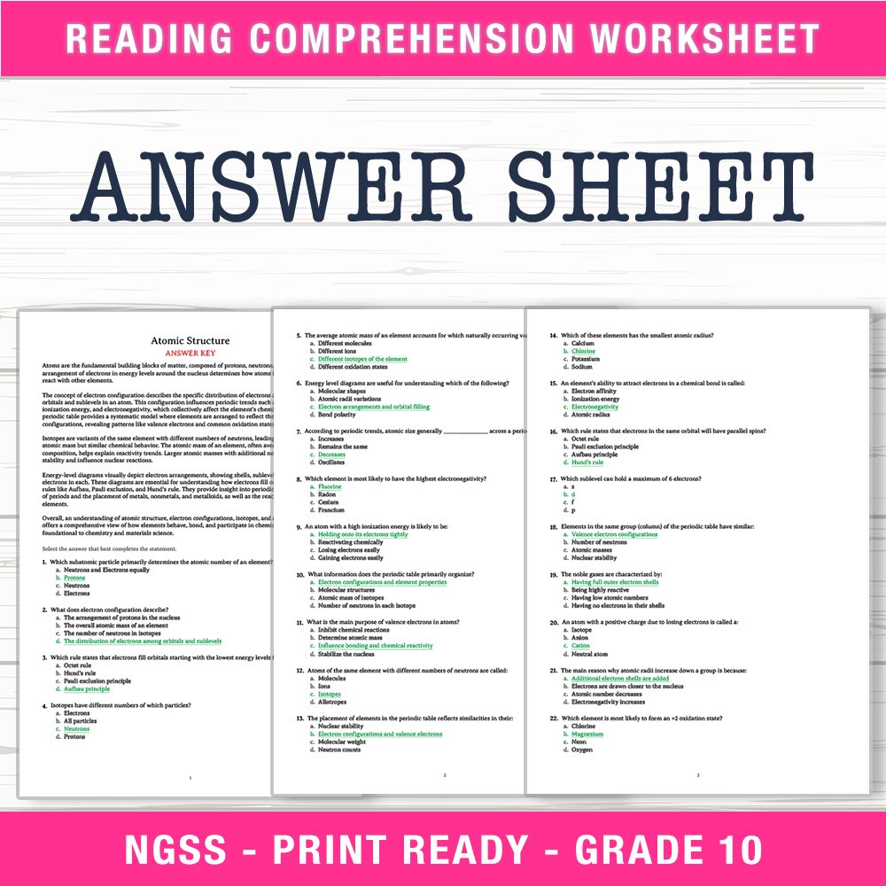 Grade 10 Science worksheet worksheet — Grade 10 Science | Atomic Structure Worksheet (PDF + Answer Key) — page 2