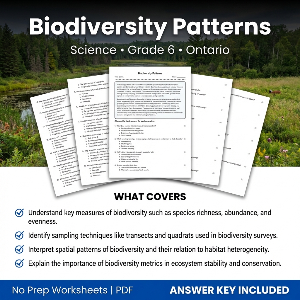Grade 6 Science Worksheet on Biodiversity Patterns | Ontario Standard