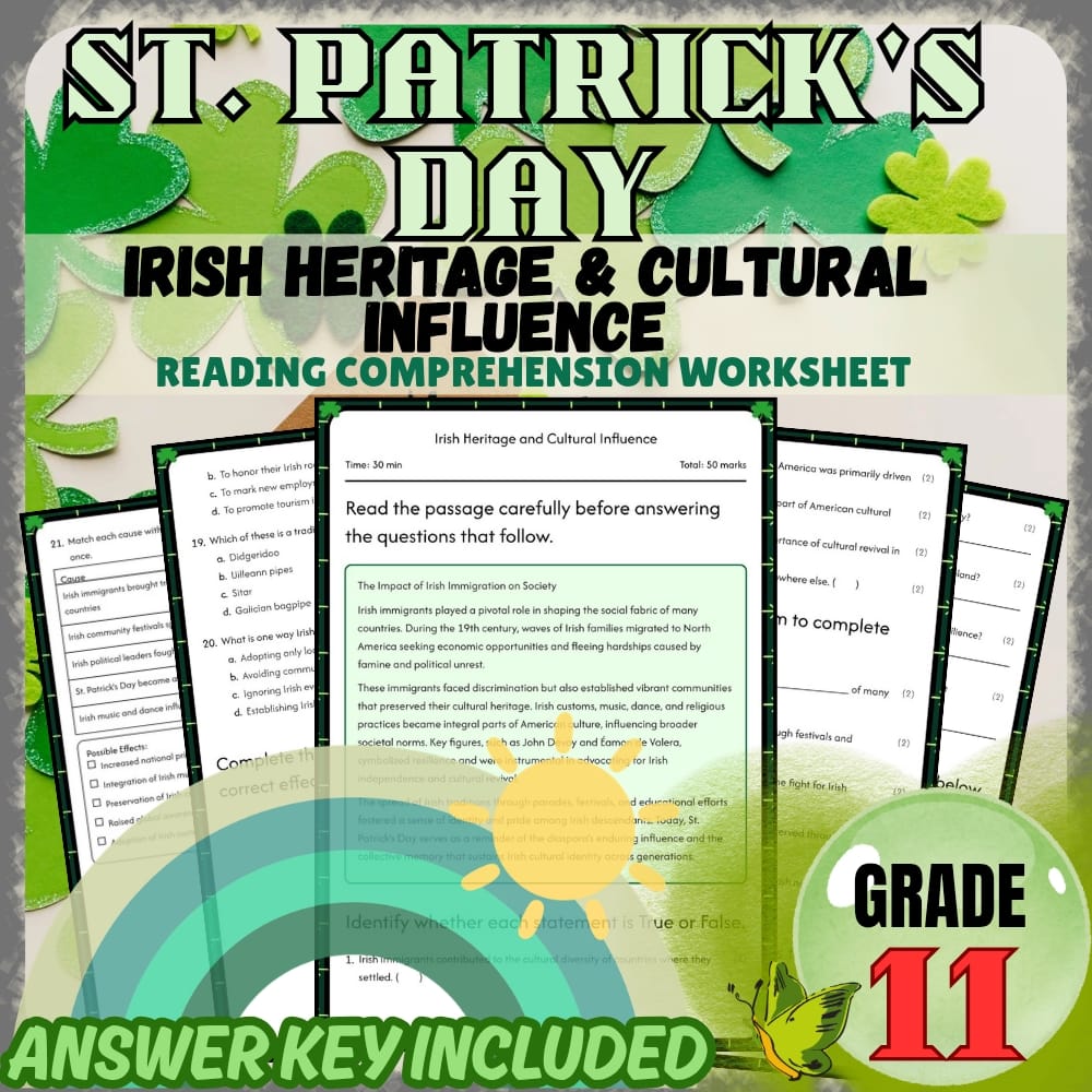 Grade 11 Holiday Activities Bundle | St. Patrick's Day Irish Heritage & Culture — included worksheet 4