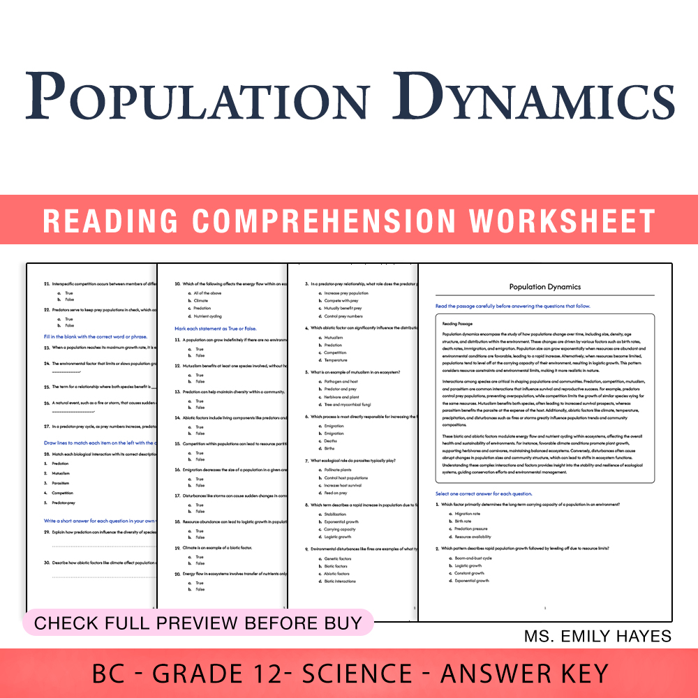Grade 12 Science worksheet worksheet — Grade 12 Science | Population Dynamics Worksheet (PDF + Answer Key) — page 1