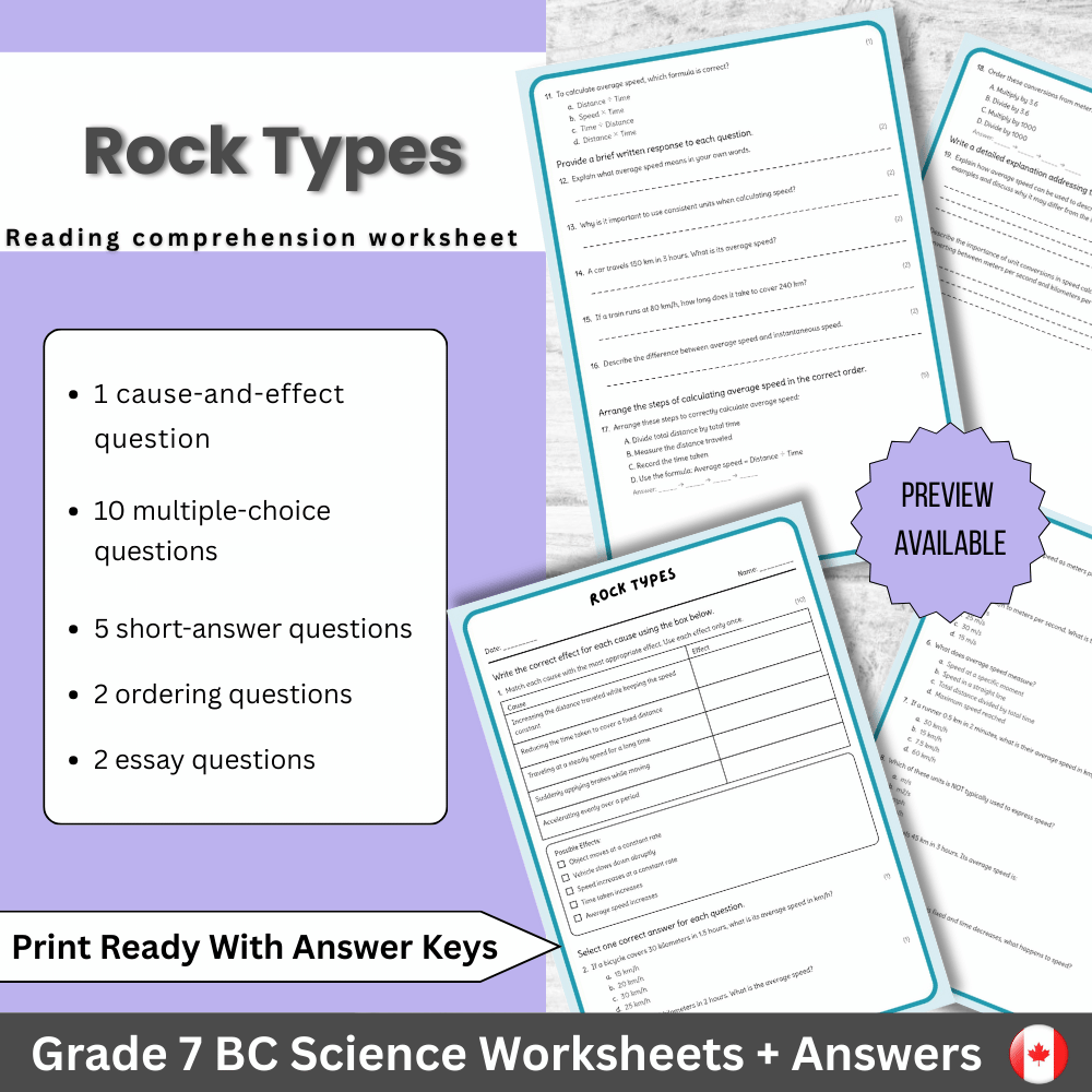 Grade 7 Science | Rock Types Worksheet (Worksheet + Answer Key) BC Standard