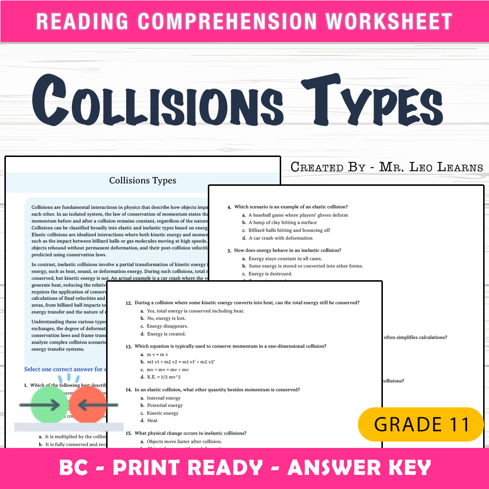 Grade 11 Science worksheet mcq paper worksheet — Grade 11 Science — Collisions Types Worksheet for Mastery — page 1
