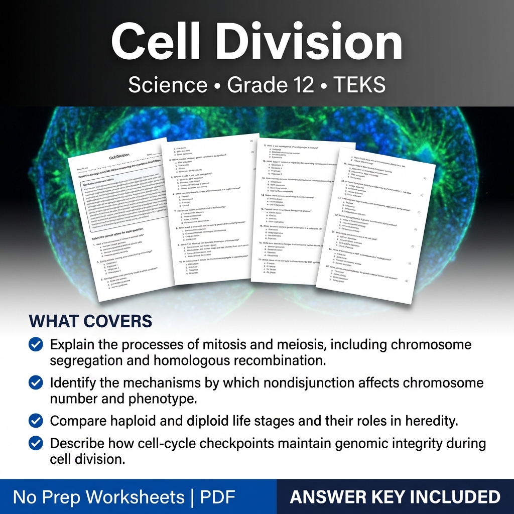 Cell Division Worksheet with Answer Key for Grade 12 Science TEKS