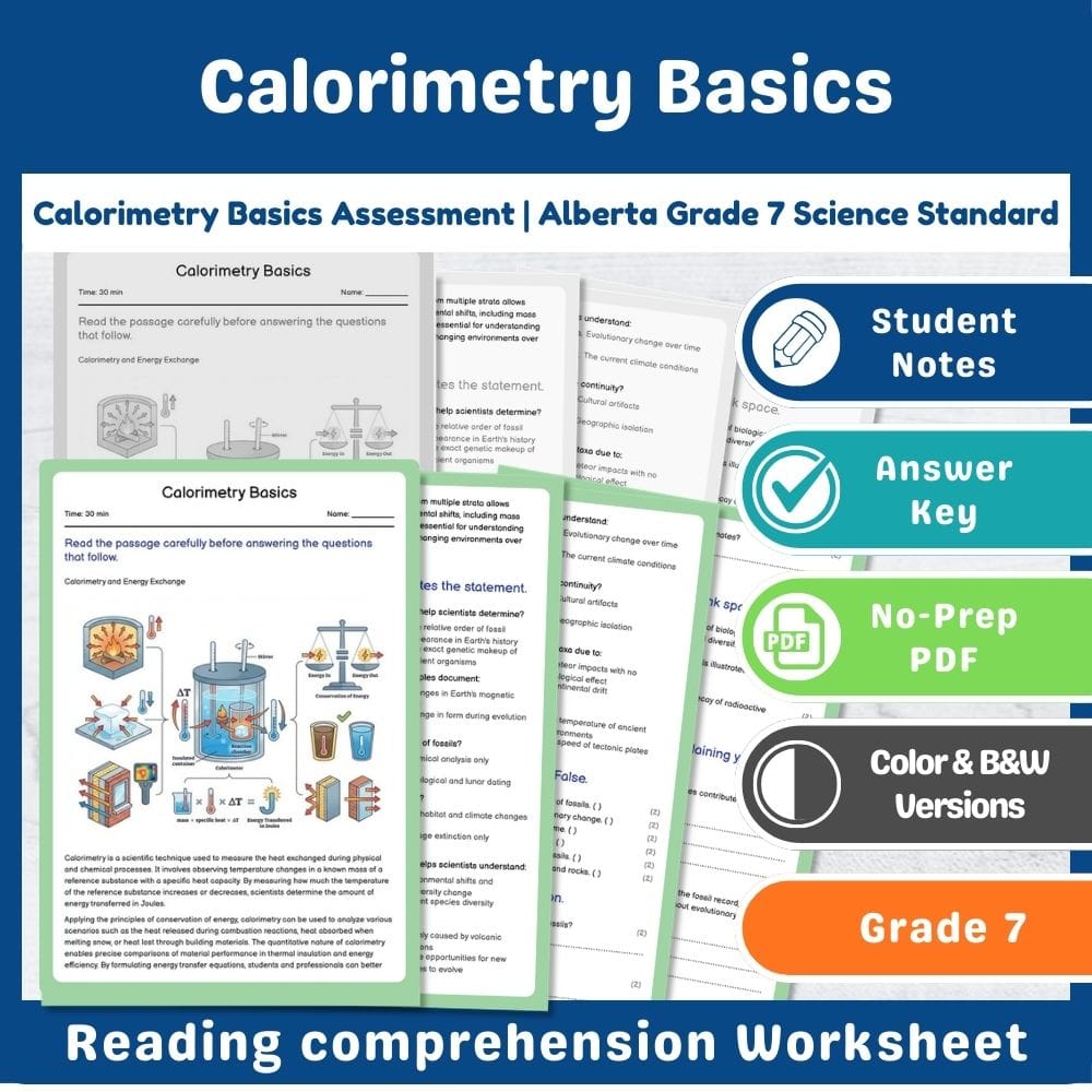 Grade 7 Science assessment worksheet — Calorimetry Basics Assessment | Alberta Grade 7 Science Standard — page 1