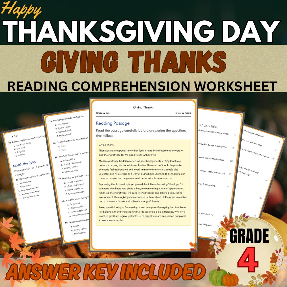 Grade 4  Happy Thanksgiving Worksheet for Mastering Gratitude | PDF + Answer Key