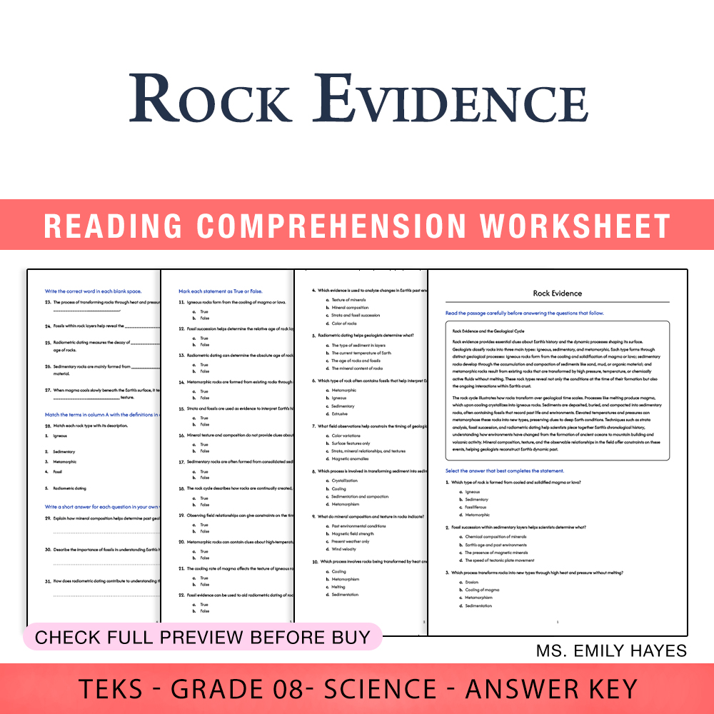 Grade 8 Science worksheet worksheet — 8th Grade Science | Rock Evidence Worksheet (PDF+ Answer Key) — page 1