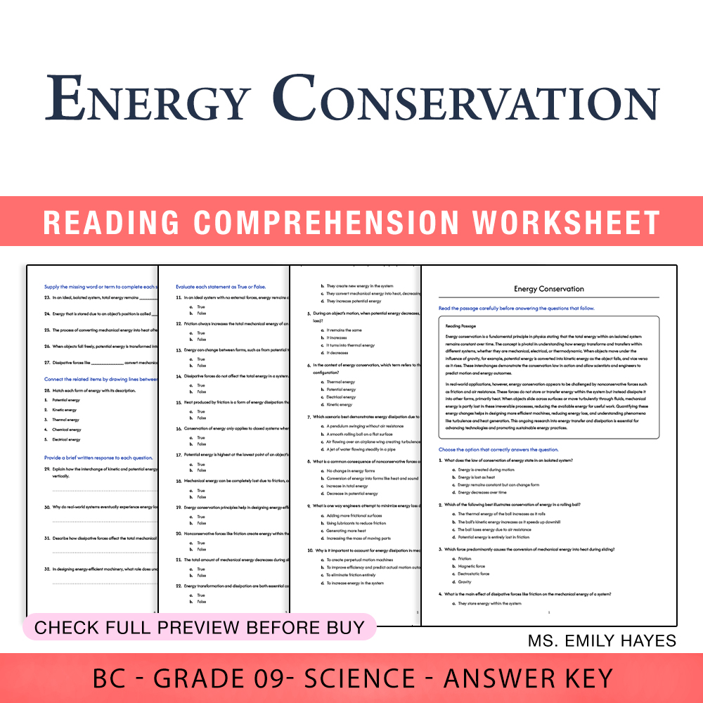 Grade 9 Science worksheet worksheet — Grade 9 Science | Energy Conservation Worksheet (PDF+ Answer Key) — page 1