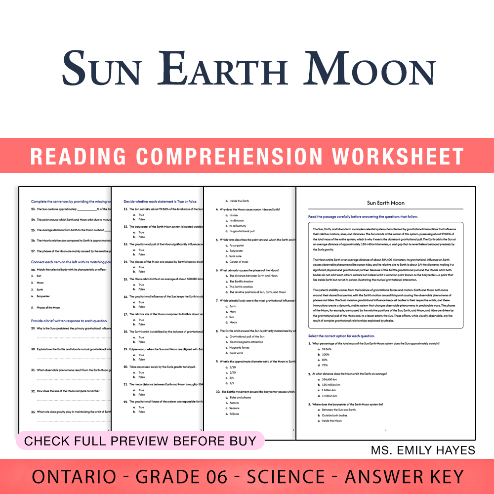 Grade 6 Science worksheet worksheet — 6th Grade Science | Sun Earth Moon System Worksheet (PDF + Answer Key) — page 1
