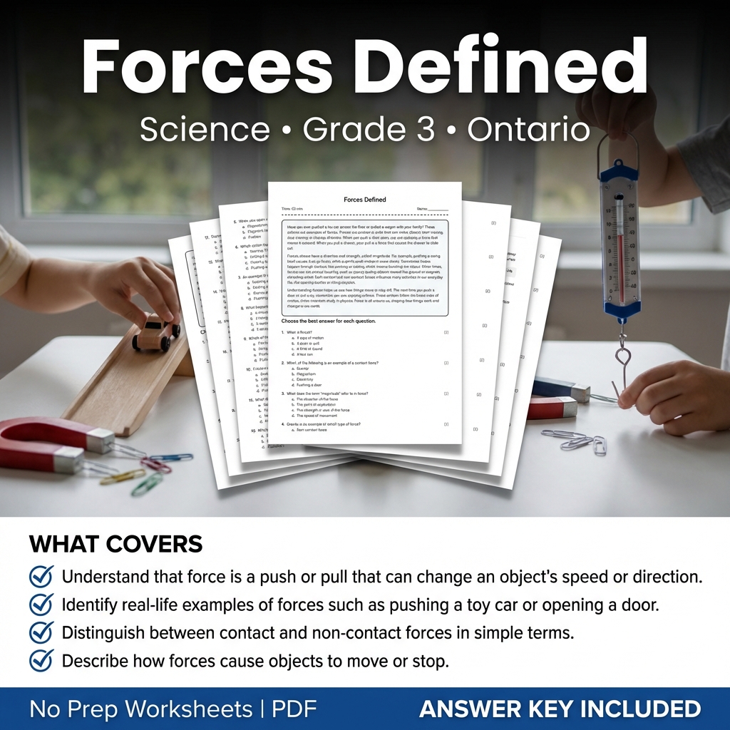  Forces Defined Grade 3 Science Worksheet | Ontario Standards Practice