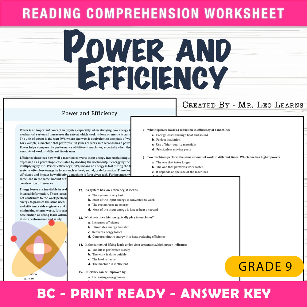 Grade 9 Science worksheet mcq paper worksheet — Grade 9 Science — Worksheet MCQ Paper for Power and Efficiency — page 1