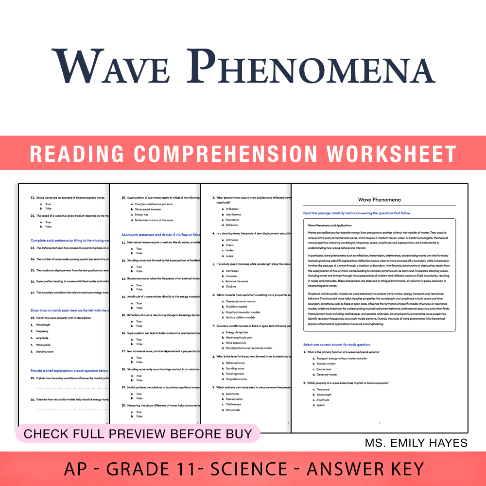 Grade 11 Science worksheet worksheet — Grade 11 Science | Wave Phenomena Worksheet (PDF+ Answer Key) — page 1