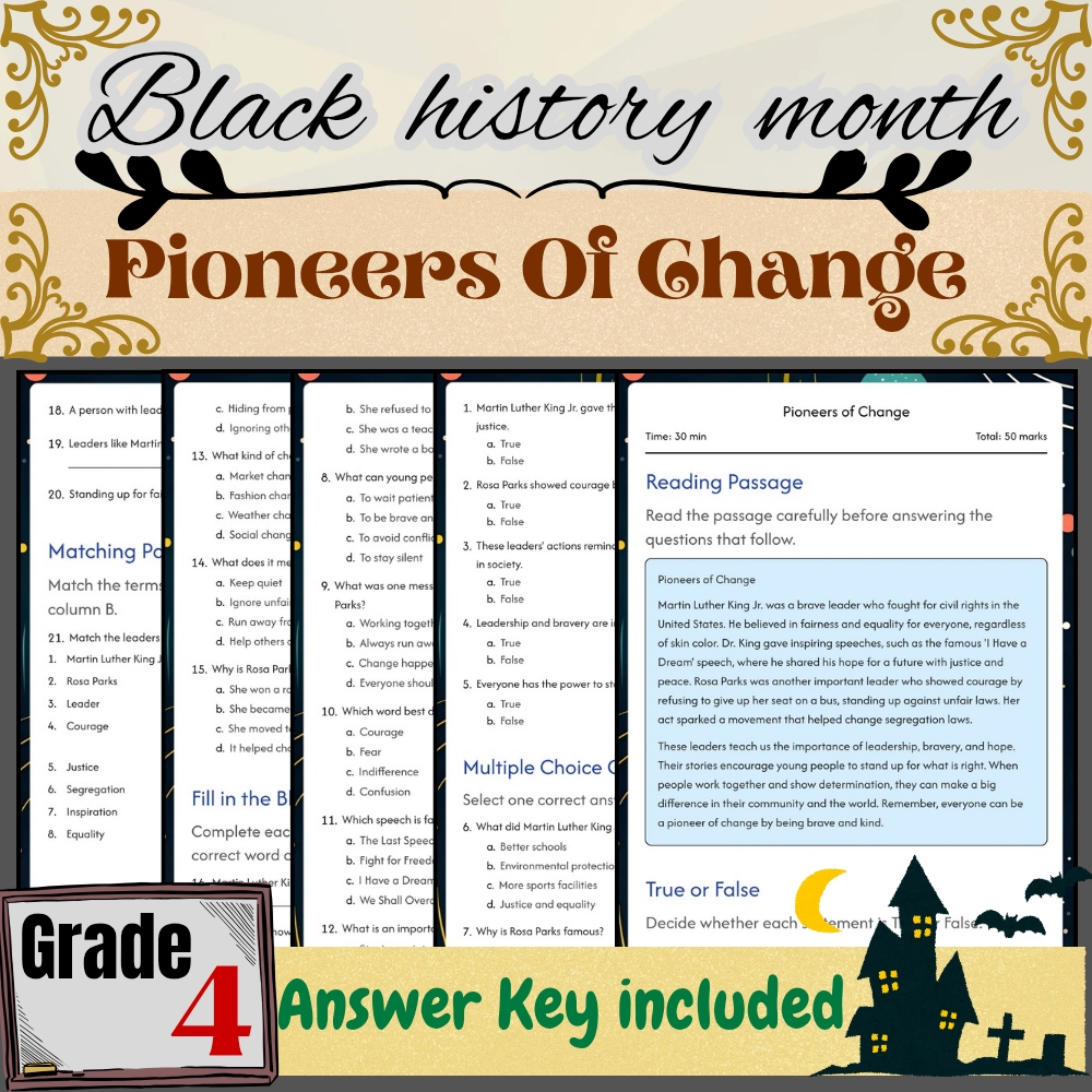 Grade 4 Seasonal Black Friday Worksheet – Pioneers of Change PDF + Answer Key