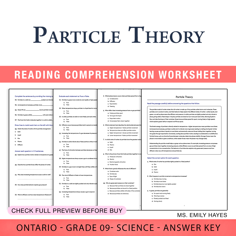 Grade 9 Science worksheet worksheet — Grade 9 Science | Particle Theory Worksheet (PDF + Answer Key) — page 1