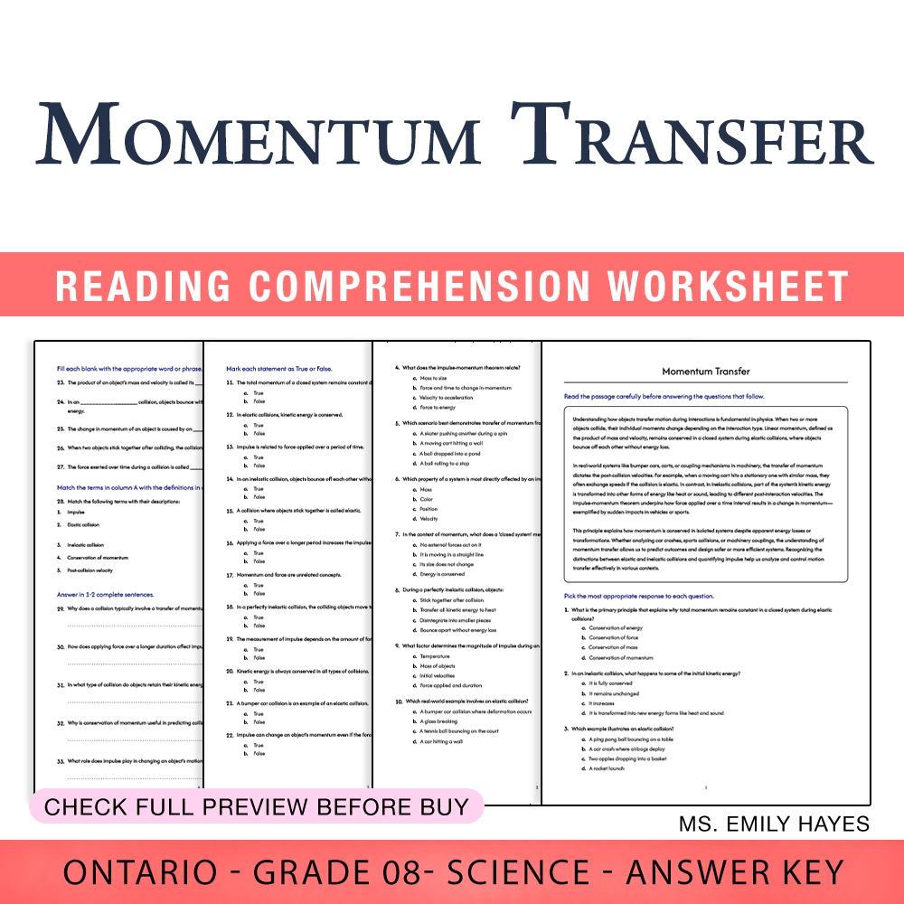 Grade 8 Science worksheet worksheet — 8th Grade Science | Momentum Transfer Worksheet (PDF+ Answer Key) — page 1