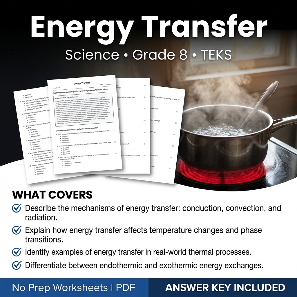 Energy Transfer Worksheet for Grade 8 Science | TEKS Aligned