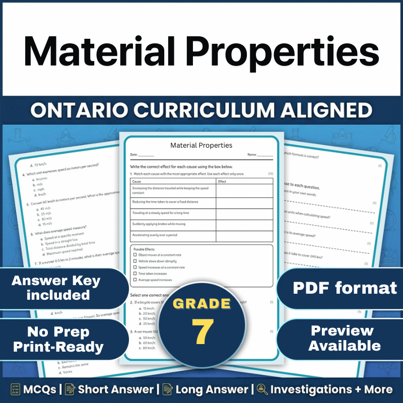 Grade 7 Science | Material Properties Worksheet (Ontario, PDF)