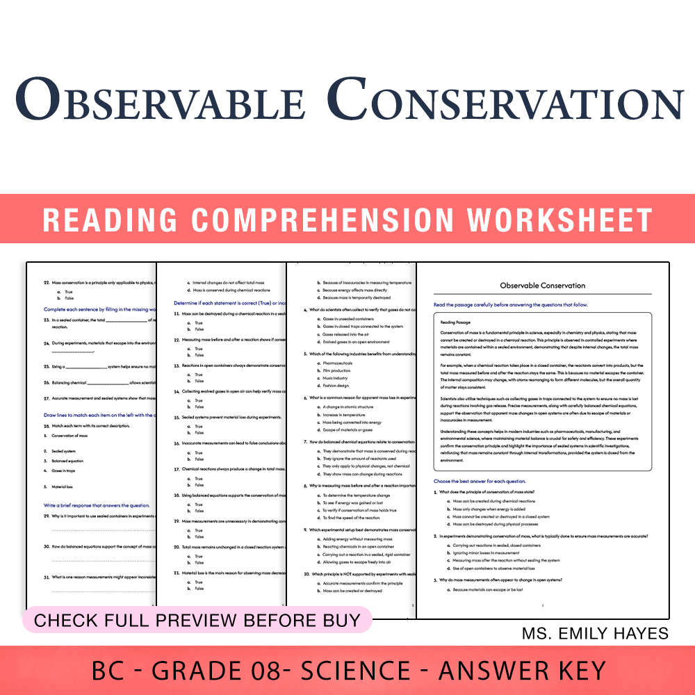Grade 8 Science worksheet worksheet — 8th Grade Science | Conservation of Mass Worksheet (PDF+ Answer Key) — page 1