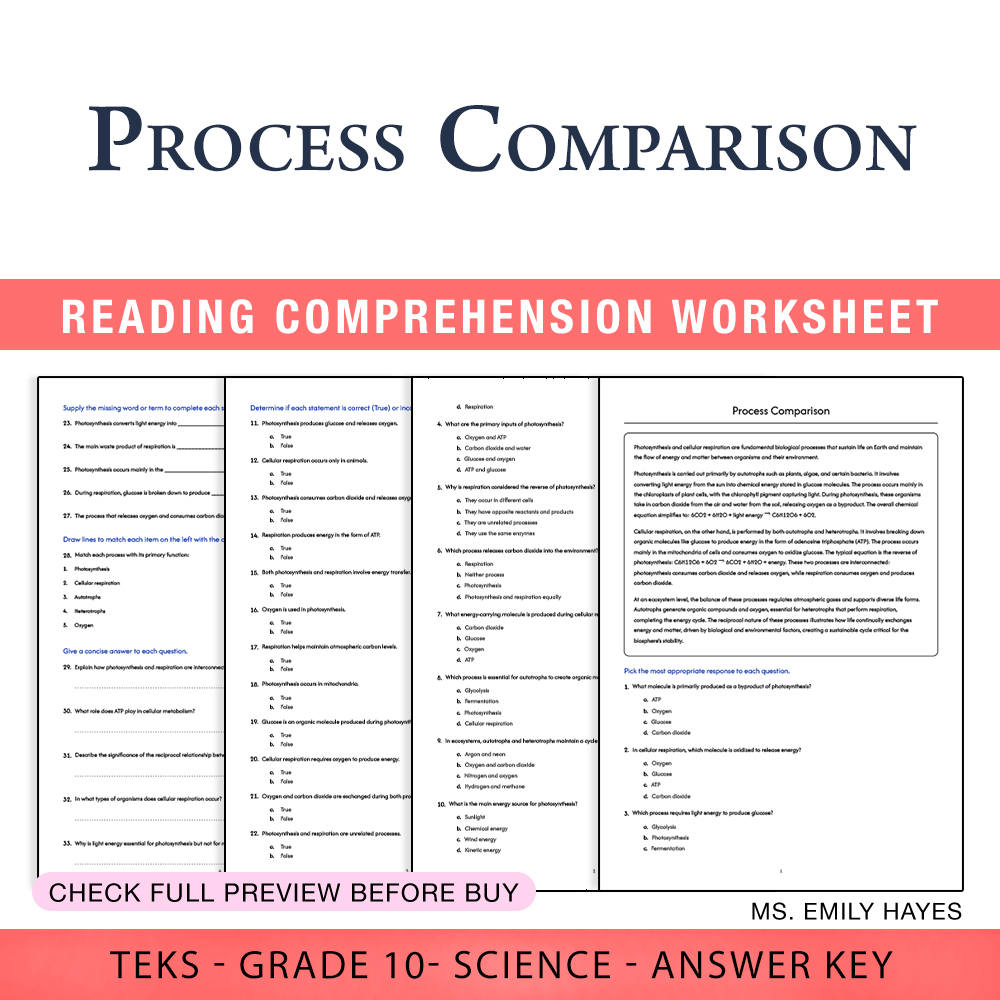 Grade 10 Science worksheet worksheet — Grade 10 Science | Process Comparison Worksheet (PDF+ Answer Key) — page 1