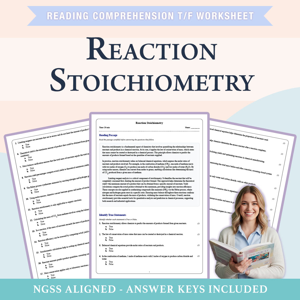 Grade 9 Science reading comprehensions true or false worksheet worksheet — 9th Grade Science | Reaction Stoichiometry Work…