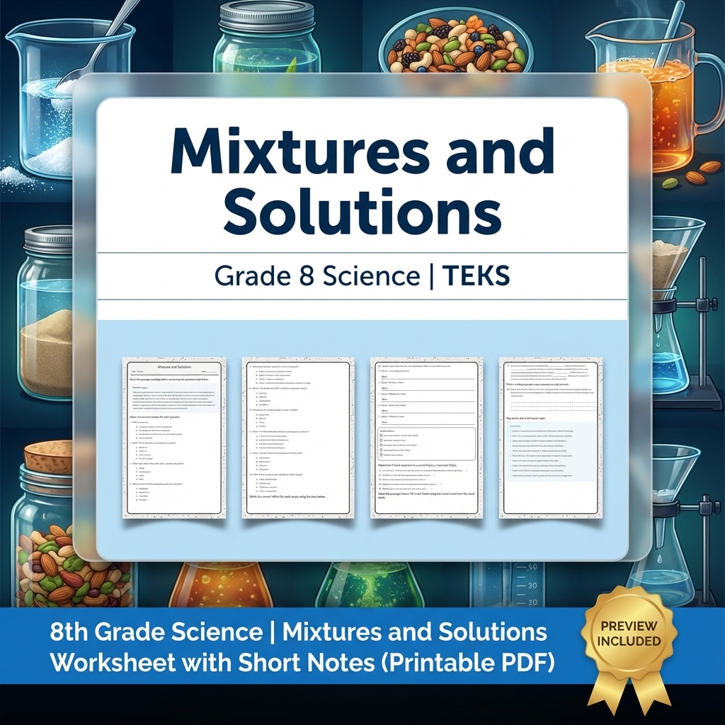 8th Grade Science Mixtures and Solutions Worksheet with Short Notes (PDF)