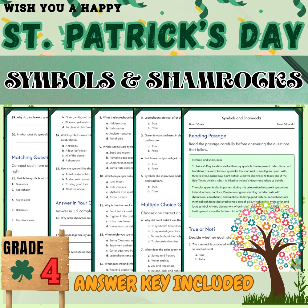 Grade 4 Seasonal – St. Patrick's Day Worksheets Pack for Irish Culture & Symbols — included worksheet 3