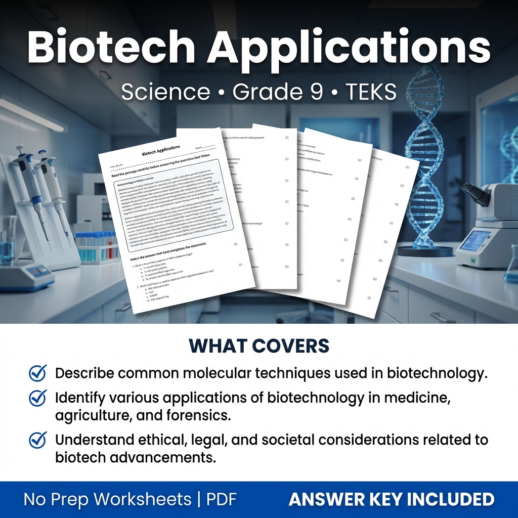 Biotech Applications Science Worksheet for Grade 9 | TEKS Aligned